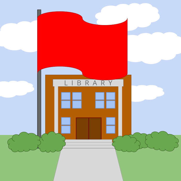 Cartoon image of a library with a large red flag over it.