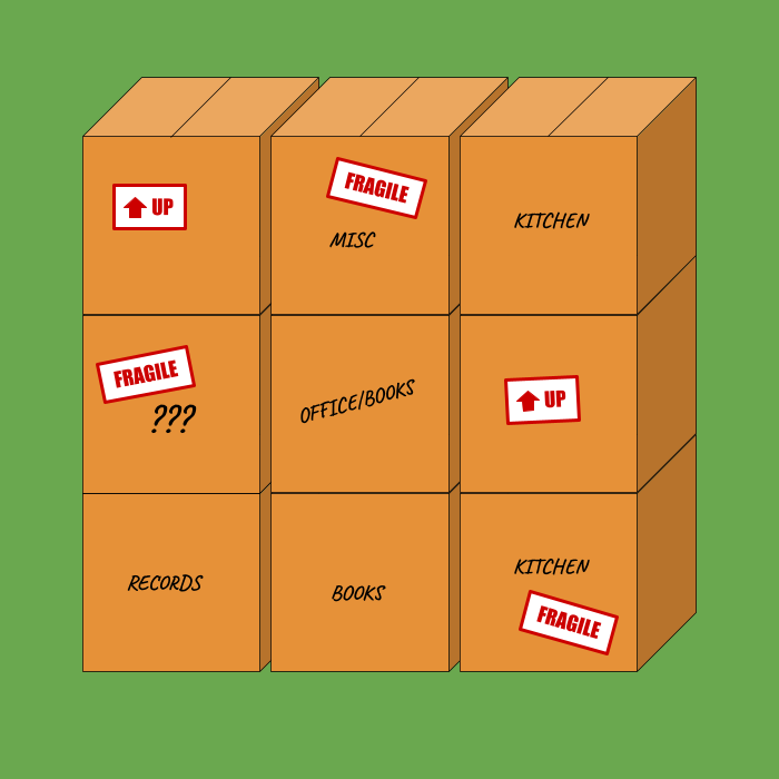 A stylized cartoon image of a pile of moving boxes. The boxes are labeled with stickers that read "fragile" and handwriting describing which room they should be placed in.