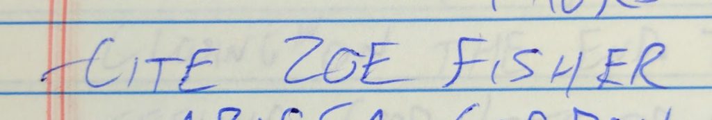 A handwritten note that reads "Cite Zoe Fisher."